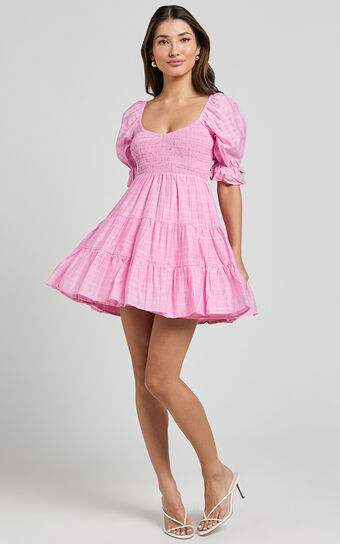 Britany Mini Dress - Shirred Puff Sleeve Tiered Dress in Pink