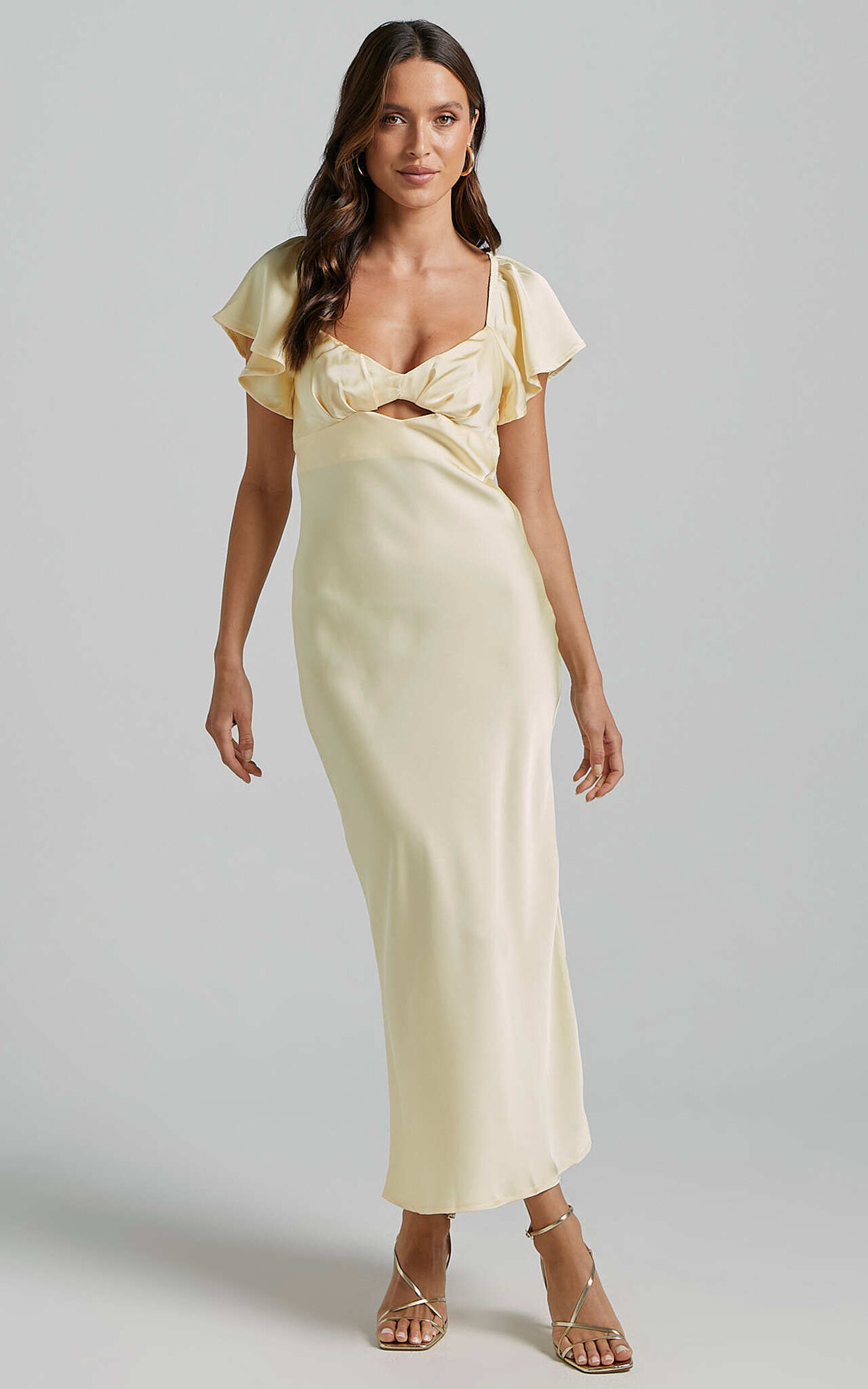 Emberlynn Midi Dress - Flutter Sleeve Cut Out Satin Dress in Butter ...