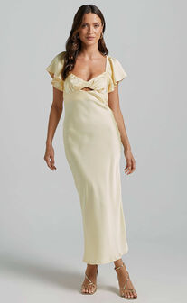 Emberlynn Midi Dress - Flutter Sleeve Cut Out Satin Dress in Butter Yellow