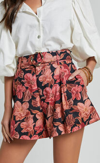 Amalie The Label - Noemie Linen Blend High Waisted Belted Tailored Shorts in Atalie Print