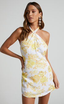 Faran Mini Dress - Crossover Halter Backless Dress in Yellow Floral