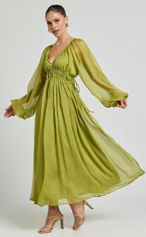 Roxanna Maxi Dress - Long Sleeve Ruched Waist Dress in Green