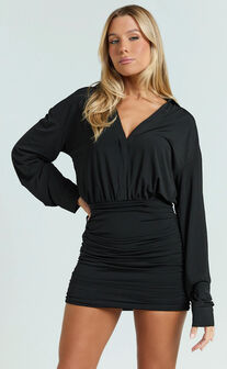 Pearce Mini Dress - Ruched Jersey Shirt Dress in Black