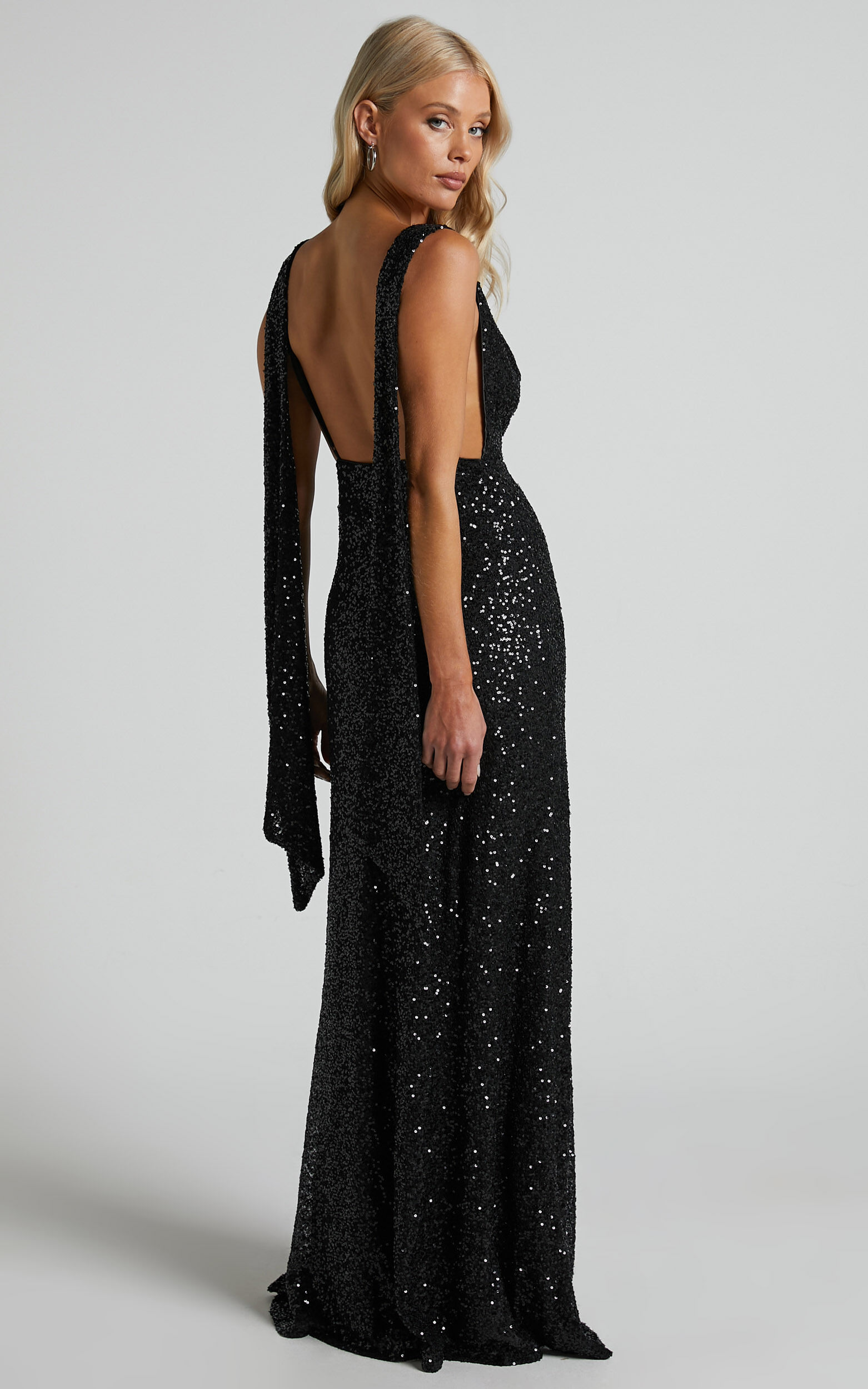 Malisha Maxi Dress Sequin Cowl Neck Backless Dress in Black Showpo