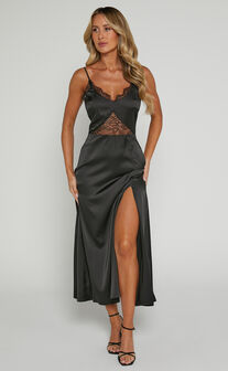 Natalie Midi Dress - V Neck Lace Detail Thigh Split Dress in Black