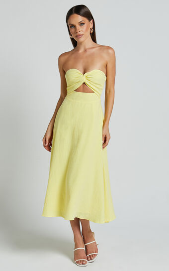 Avie Midi Dress - Twist Strapless Cocktail Dress in Lemon