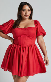 Souza Mini Dress - Fit and Flare Puff Sleeve Corset Dress in Red