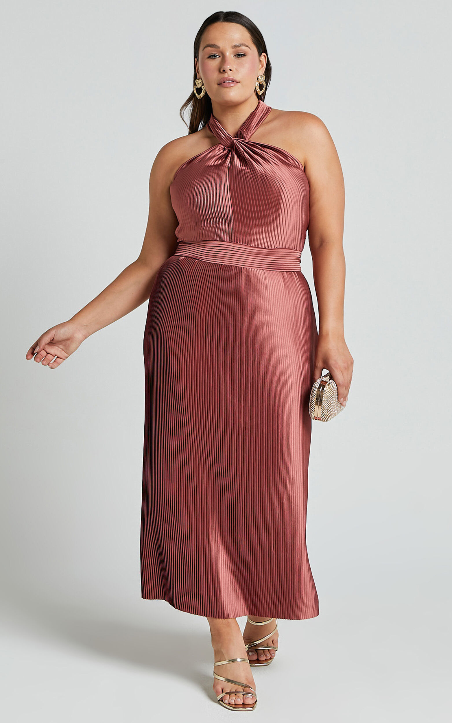 Marlette Midi Dress - Pleated Open Back Halter Dress in Rust | Showpo USA