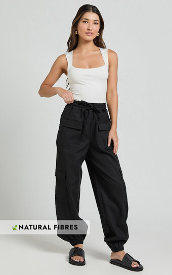 Simpson Pants - Linen Look Tie Waist Pocket Detail Cargo Pants in Black