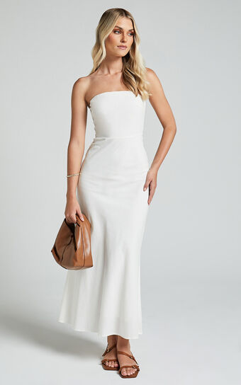 Zeita Maxi Dress - Strapless Fit and Flare Dress in White