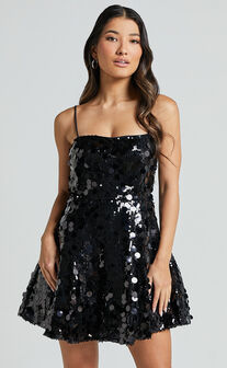Nikola Mini Dress - Fit and Flare Sequins Dress in Black