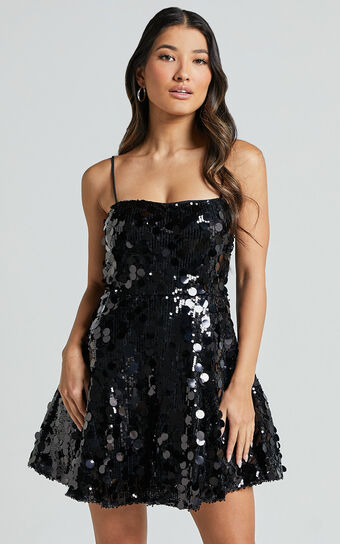 Nikola Mini Dress - Fit and Flare Sequins Dress in Black Showpo