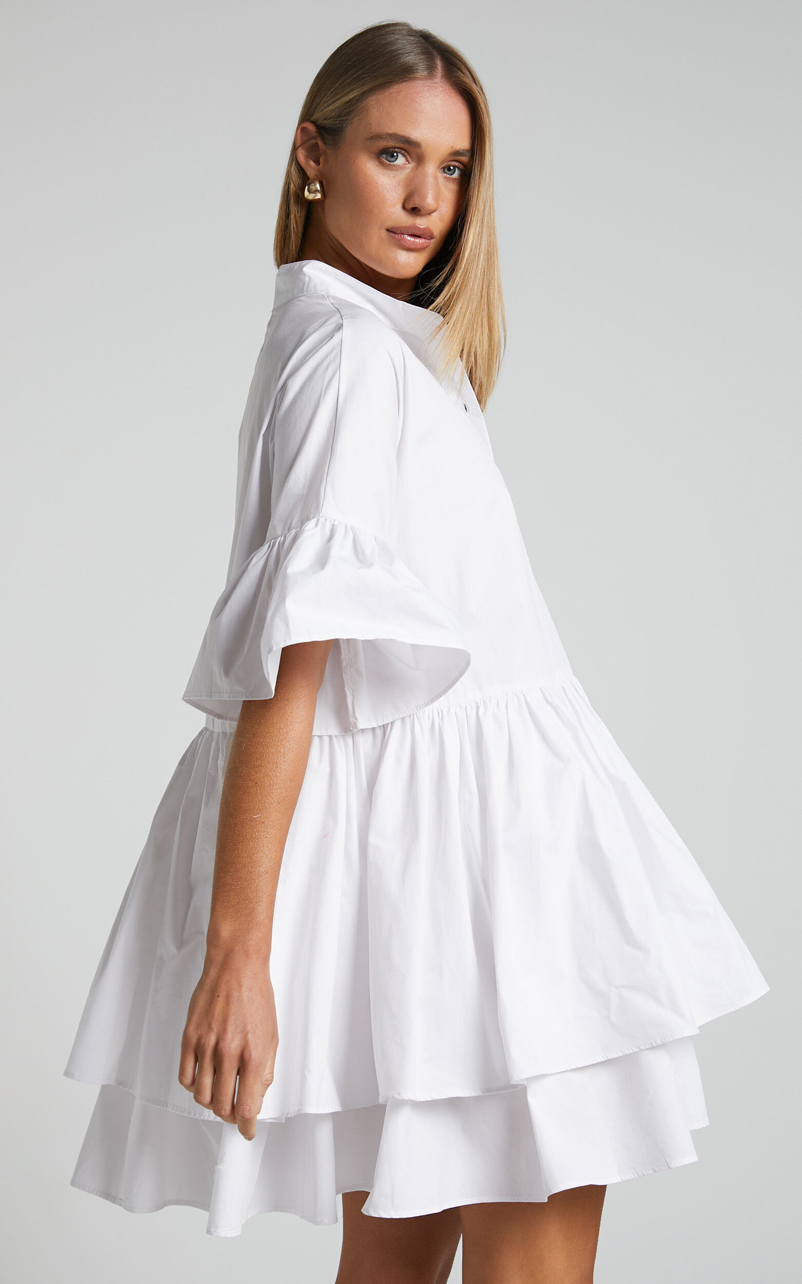 Elowen Mini Dress Button Up Asymmetrical Tiered Smock Dress in