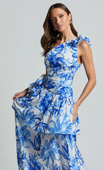 Honolulu Midi Dress - One Shoulder Tiered Dress in Blue and White Print
