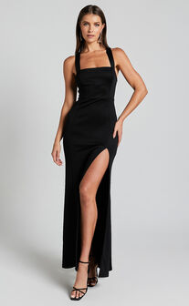 Khari Midi Dress - Strappy Back Ruched Slip Dress in Black