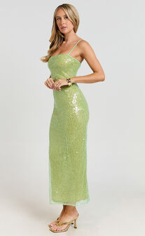 Sierra Midi Dress - Sequin Square Neck Bodycon Dress in Green
