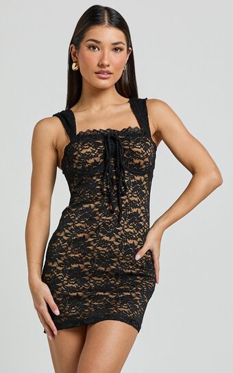 Corinna Mini Dress - Ruched Bust Wide Strap Detail Lace Dress in Black