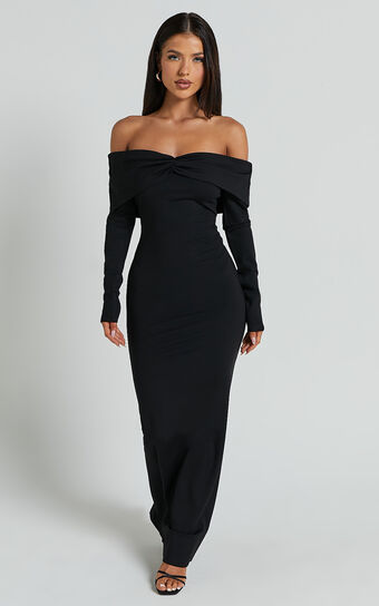 Rani Midi Dress - Off Shoulder Long Sleeve Bodycon Dress in Black