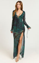 Katie Maxi Dress - Ruffle Plunge Neck Long Sleeve Dress in Green | Showpo