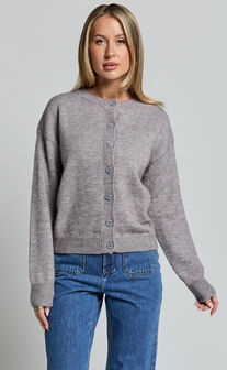 Lucille Cardigan - Button Through Scoop Neck Knit Cardigan in Grey