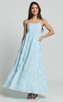 Claya Maxi Dress - Sleeveless Straight Neckline Floral Detail Dress in Pale Blue