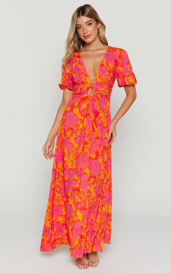 Roshanna Midi Dress - Cut Front Puff Sleeve Dress in Orange Floral