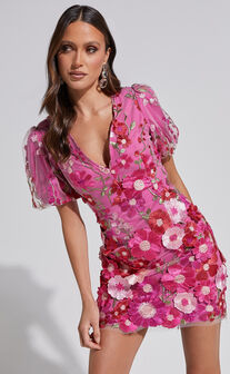 Wren Mini Dress - Puff Sleeve Bodycon 3d Garden Flowers Dress in Magenta