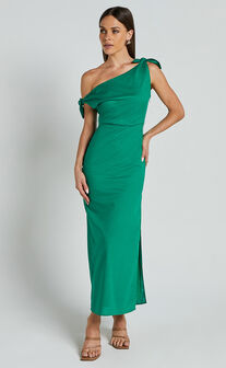 Cincinnati Midi Dress - Off The Shoulder Side Split Column Linen Dress in Green