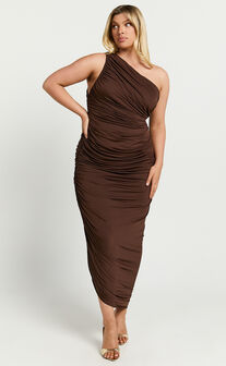 Lovlin Midi Dress - One Shoulder Ruched Dress in Chocolate