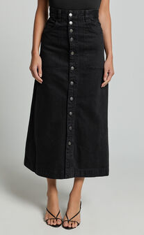 Alisa Midi Skirt - Button Through A Line Denim in Black Wash