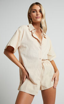 Vina Del Mar Two Piece Set - Linen Look Shirt and Shorts Set in Oatmeal