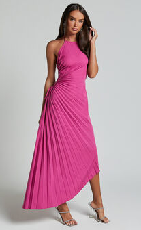 Gilly Midi Dress - Asymmetric Pleated Dress in Berry