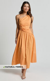 Ebony Midi Dress - Asymmetrical Cut Out Dress in Orange