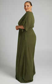 Sitting Pretty Midi Dress - Short Sleeve Button Down Dress in Olive ...