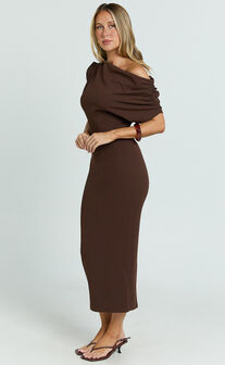 Nalfie Midi Dress - Tipped Shoulder Jersey Drape Dress in Chocolate