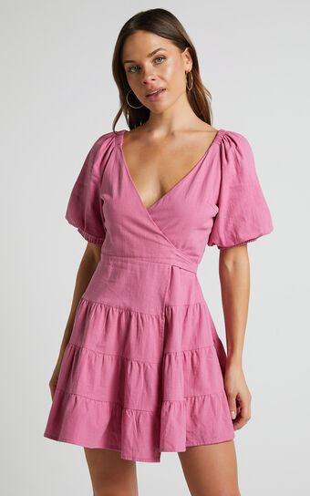 Janiellay Mini Dress  Short Puff Sleeve Wrap in Pink Showpo