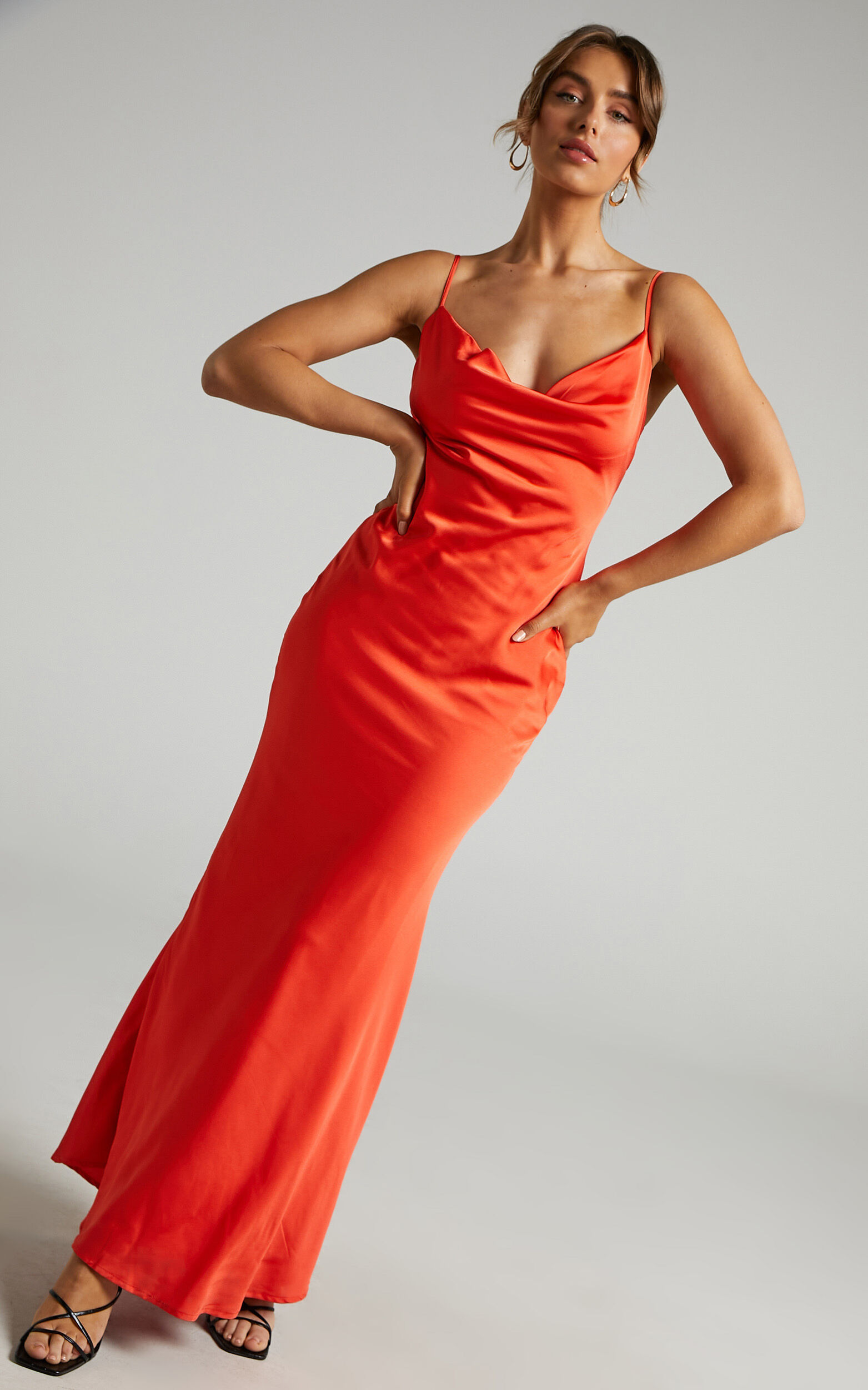 Lunaria Maxi Dress - Cowl Mermaid Slip Dress in Oxy Fire - 06, ORG4