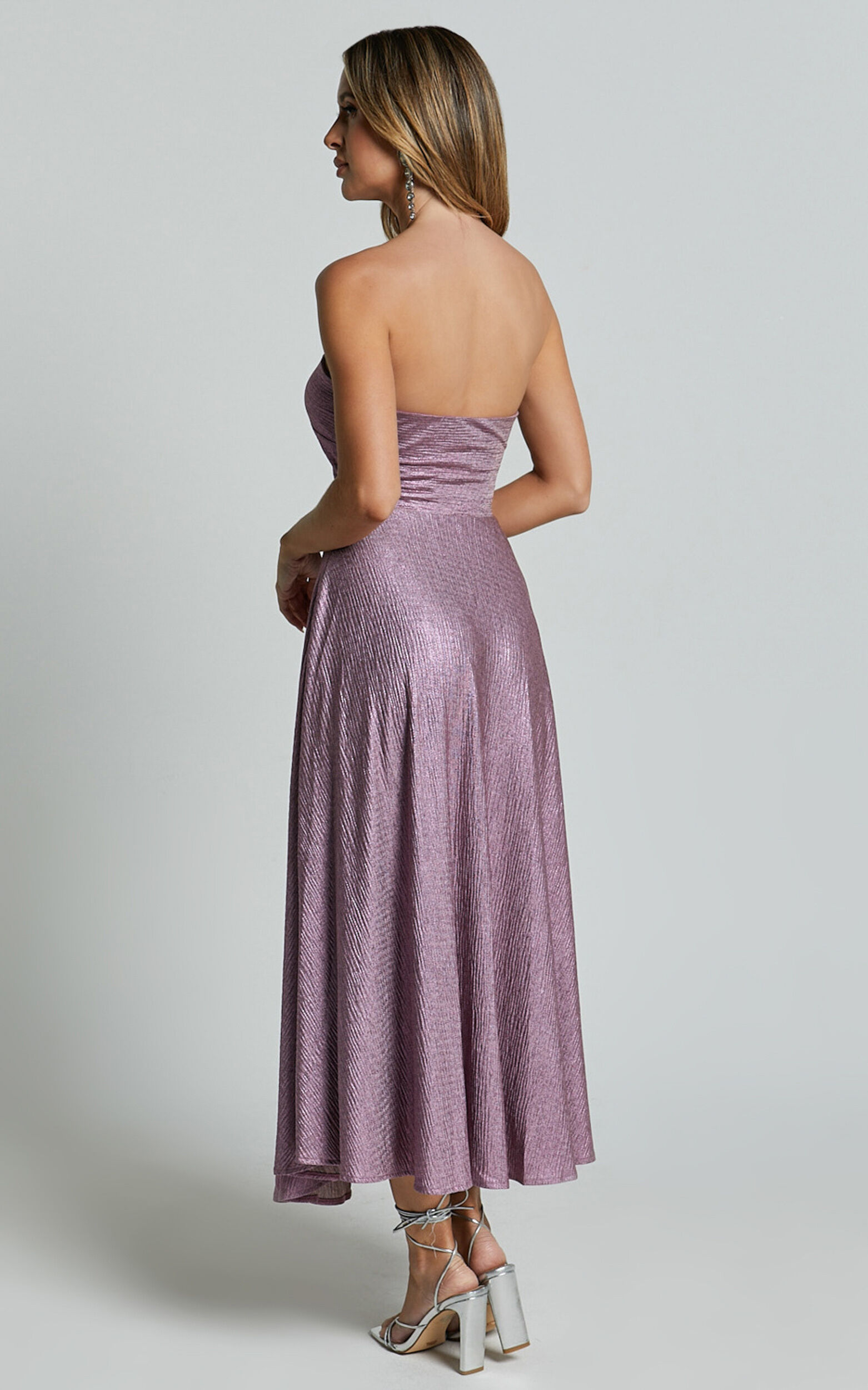 Effie Midi Dress - Strapless Twist Front Metallic Dress in