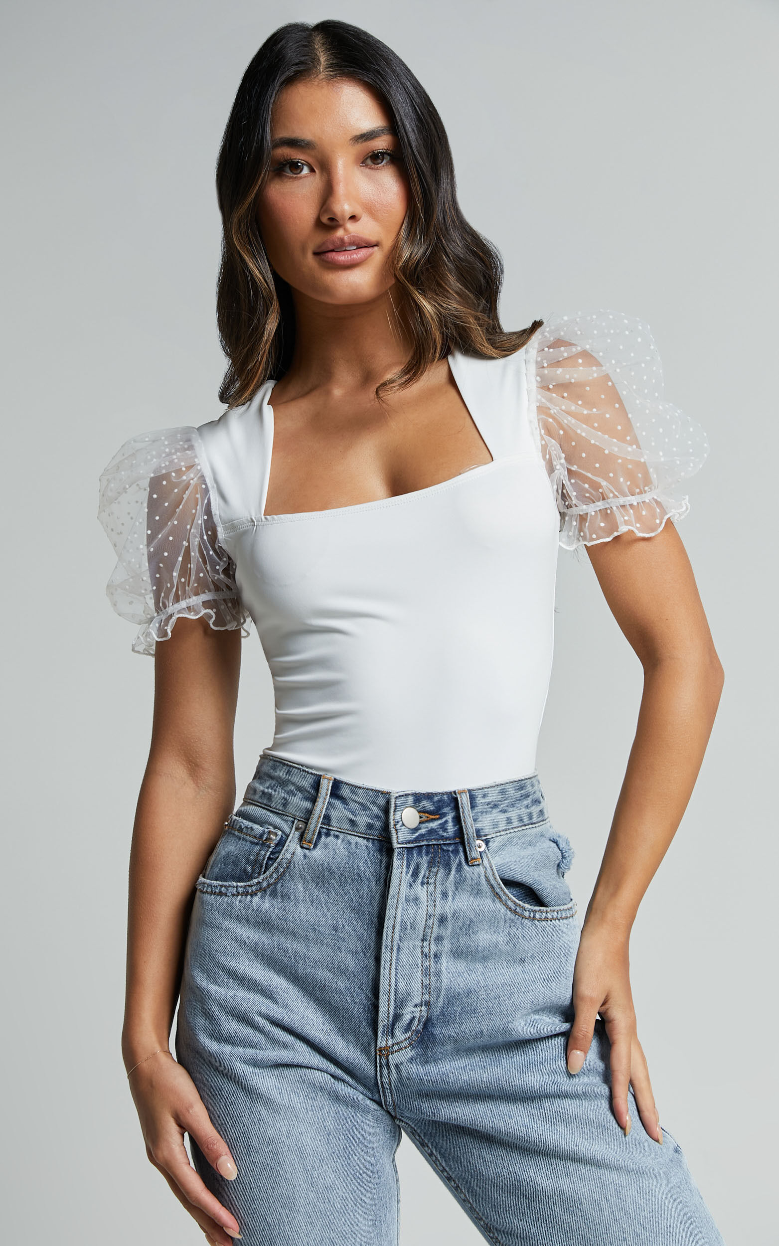 Briggs Bodysuit - Sheer Puff Sleeve in Ivory - 06, WHT1