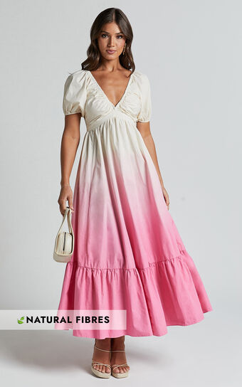 Nathaley Midi Dress - Plunge Neck Puff Sleeve Dress in Pink Ombre