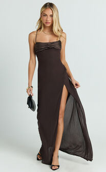 Sonya Maxi Dress - Cowl Neck Asymmetric Fit And Flare Dress in Chocolate
