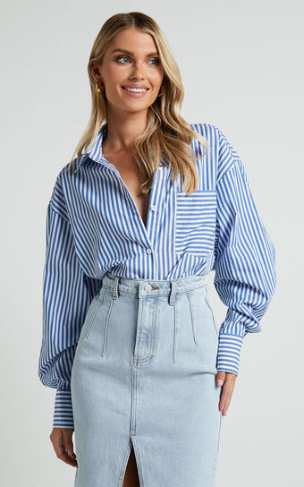 Jaycey Shirt - Long Sleeve Pocket Detail Shirt in Navy Stripe