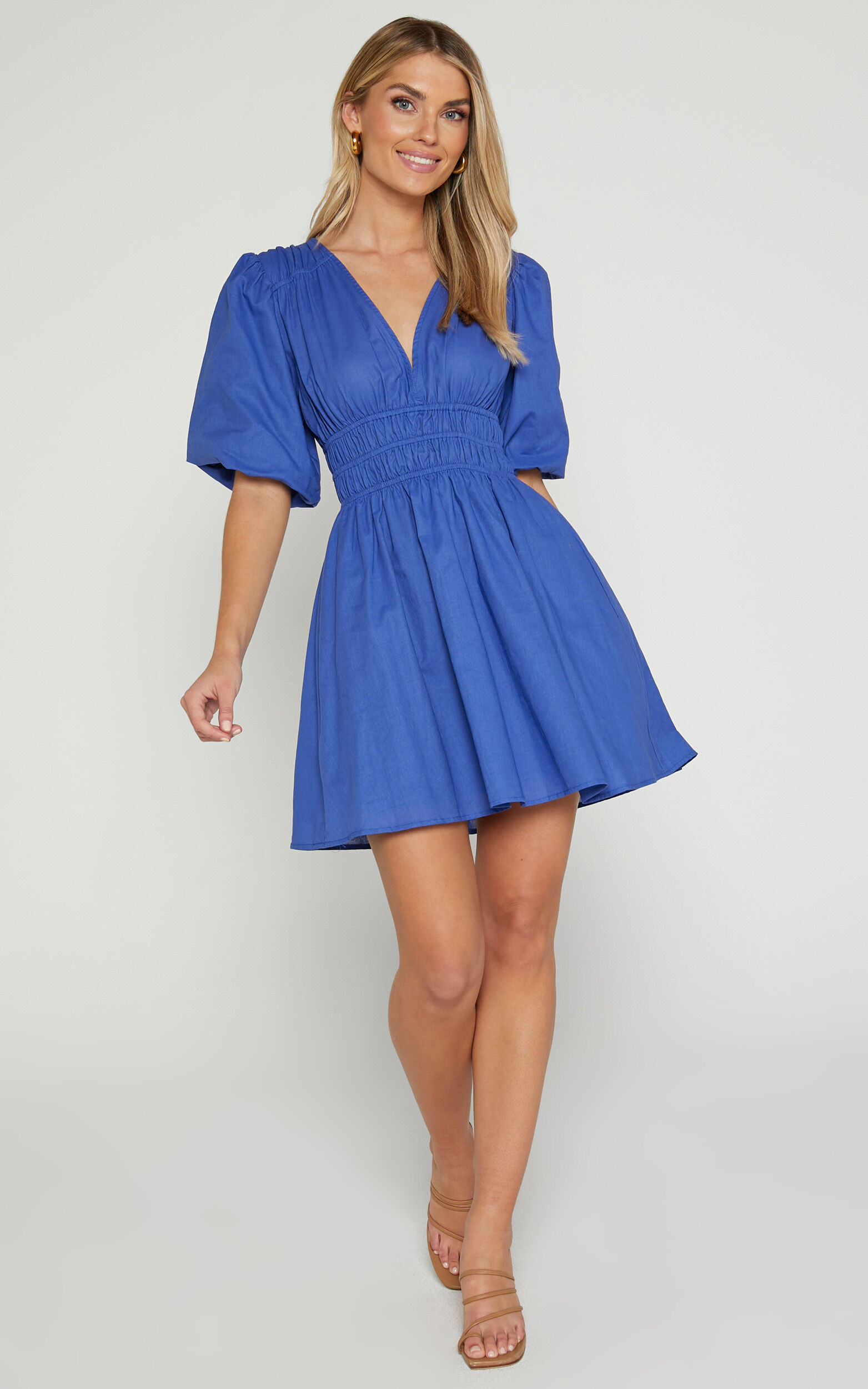 Francesca V Neck Puff Sleeves Mini Dress in Cornflower Blue | Showpo USA