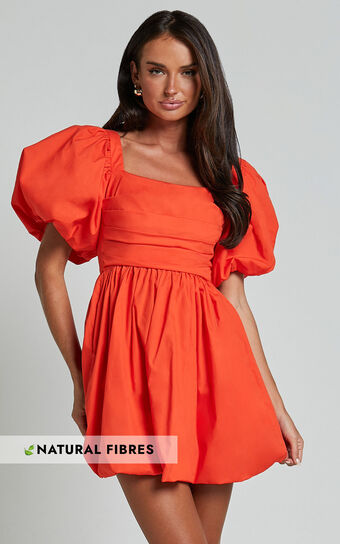 Tamara Mini Dress Short Puff Sleeve Ruched in Orange Showpo Sale