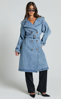 Vinnie Trench Coat - Denim Washed Trench Coat in Mid Blue