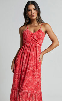 Antoinette Maxi Dress - Strappy V Neck Ruched Bust A Line Dress in Red Print