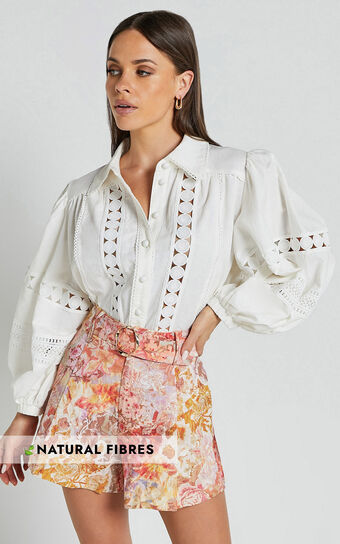 Amalie The Label Julessa Linen Blend Puff Sleeve Lace Detail Blouse in White