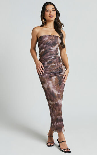 Yazmin Midi Dress - Strapless Ruched Mesh Slip Dress in Rustic Haze Print