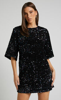 Valetta Mini Dress - Sequin low back shift dress in Midnight Blue Sequin