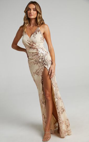 Out Till Dawn Maxi Dress - Thigh Split Dress in Rose Gold Sequin